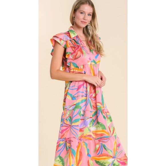 Umgee Leaf Print Tiered Pink Midi Dress, S - Picture 1 of 10